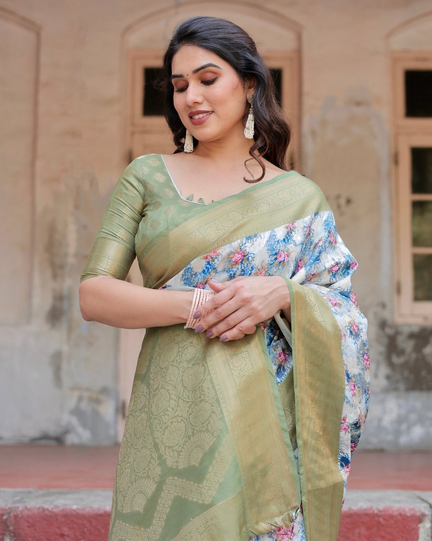Blue and Green Floral Digital Print Banarasi Silk Saree with Zari Weave and Tassel-Embellished Pallu