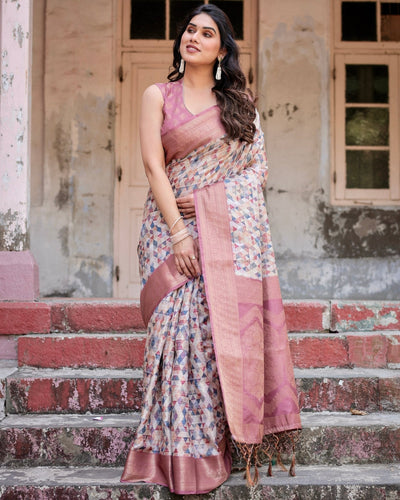 Beige and Pink Geometric Print Banarasi Silk Saree with Zari Weave and Tassel-Embellished Pallu