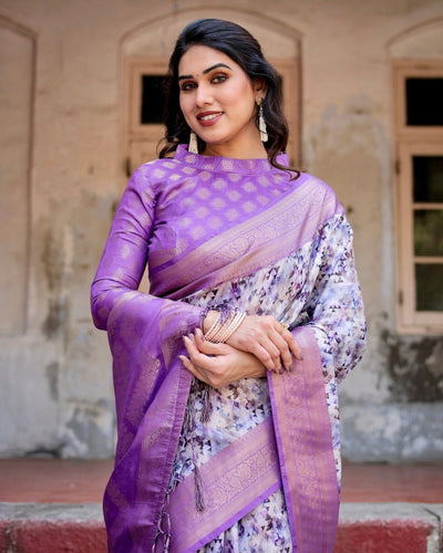 Lavender and White Geometric Floral Digital Print Banarasi Silk Saree with Zari Weave and Tassel-Embellished Pallu