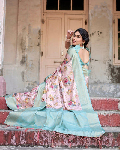 Pink and Green Floral Digital Print Banarasi Silk Saree with Zari Weave and Tassel Pallu