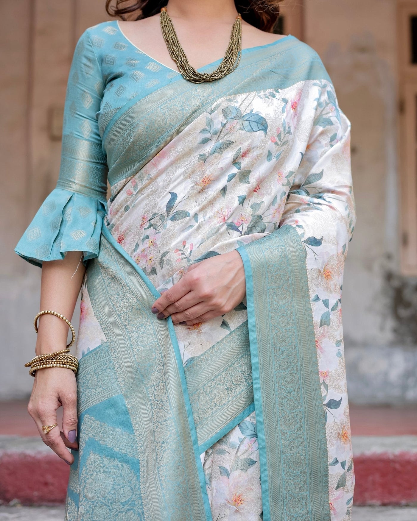 White and Aqua Floral Digital Print Banarasi Silk Saree with Zari Weave and Tassel-Adorned Pallu