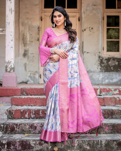 White and Pink Floral Digital Print Banarasi Silk Saree with Zari Weave and Tassel-Embellished Pallu