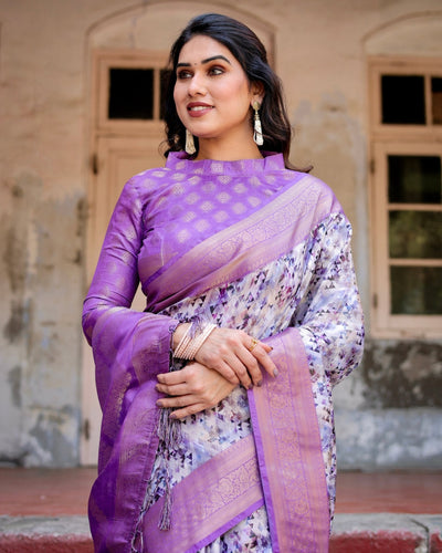 Lavender and White Geometric Floral Digital Print Banarasi Silk Saree with Zari Weave and Tassel-Embellished Pallu