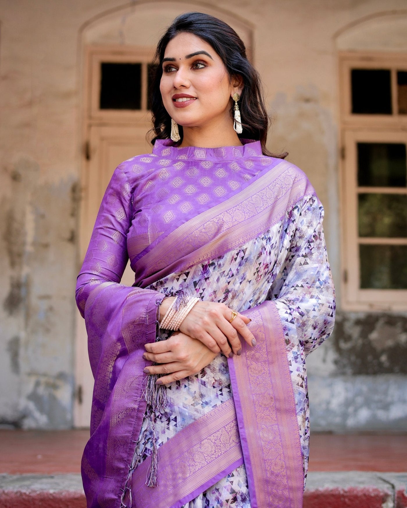 Lavender and White Geometric Floral Digital Print Banarasi Silk Saree with Zari Weave and Tassel-Embellished Pallu