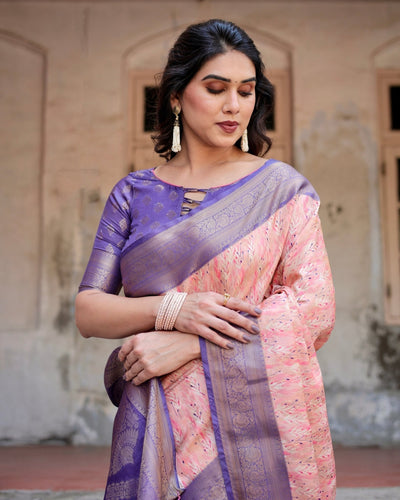 Peach and Purple Floral Digital Print Banarasi Silk Saree with Zari Weave and Tassel-Adorned Pallu