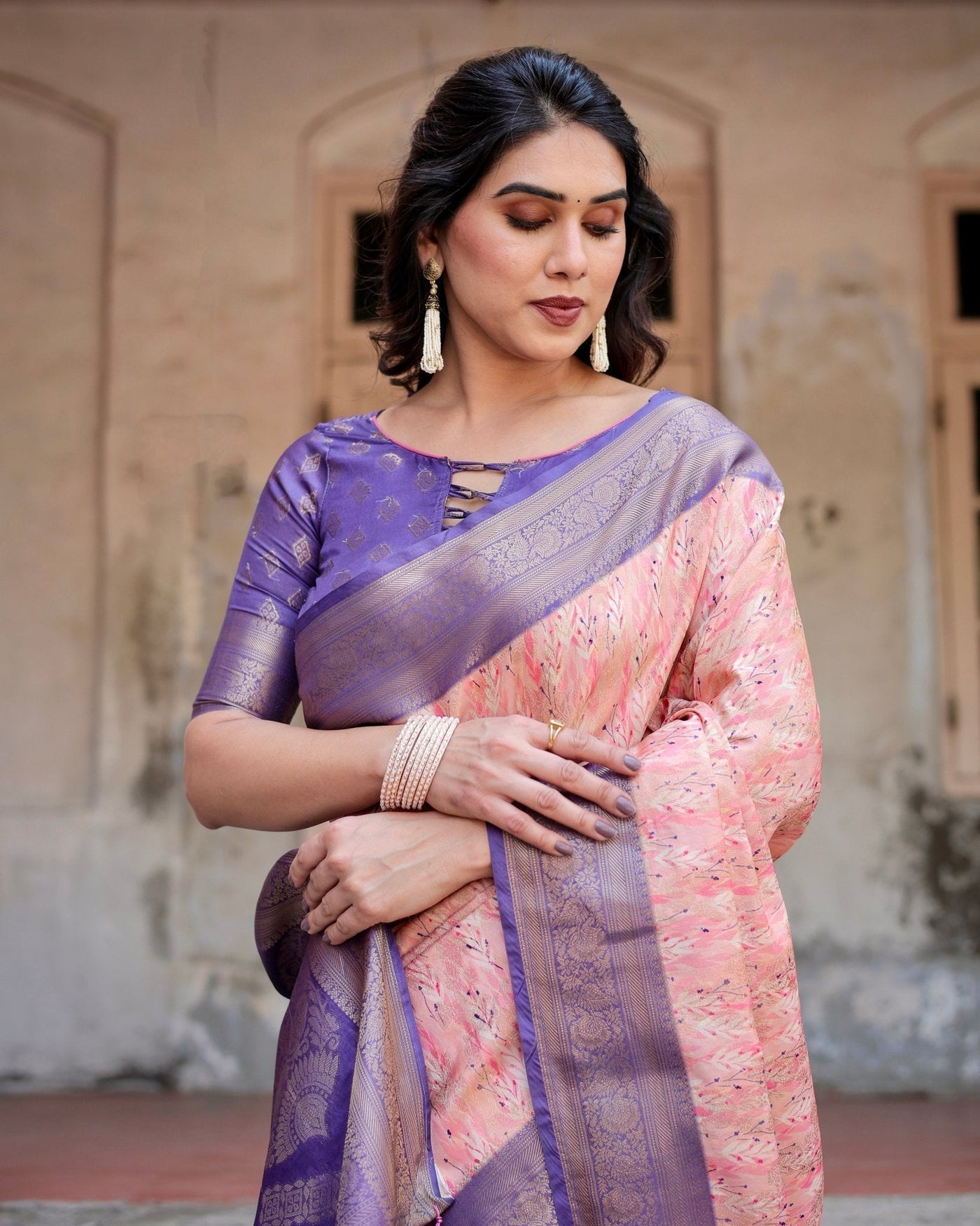 Peach and Purple Floral Digital Print Banarasi Silk Saree with Zari Weave and Tassel-Adorned Pallu