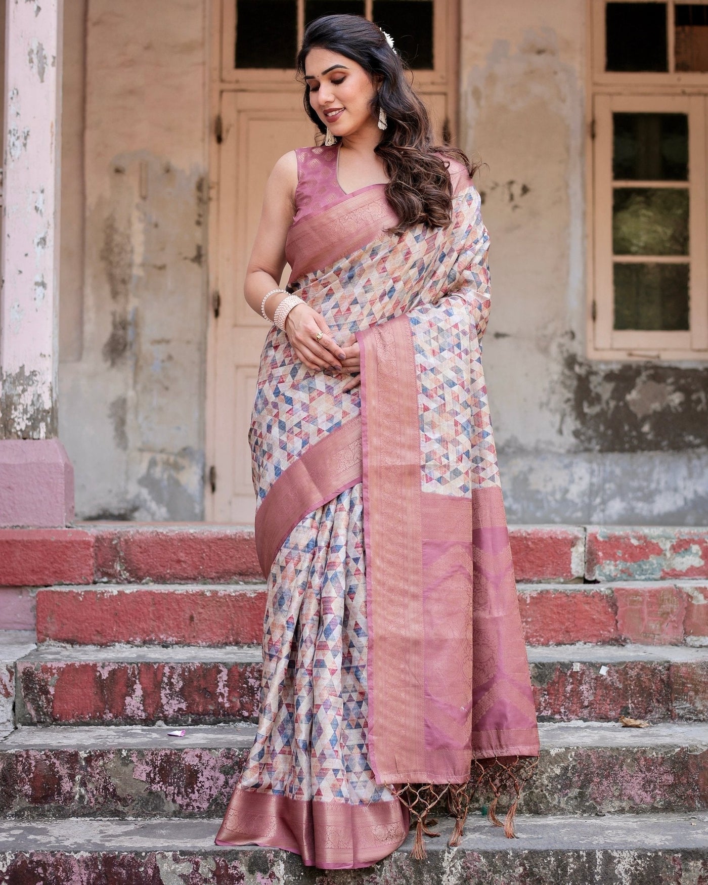 Beige and Pink Geometric Print Banarasi Silk Saree with Zari Weave and Tassel-Embellished Pallu