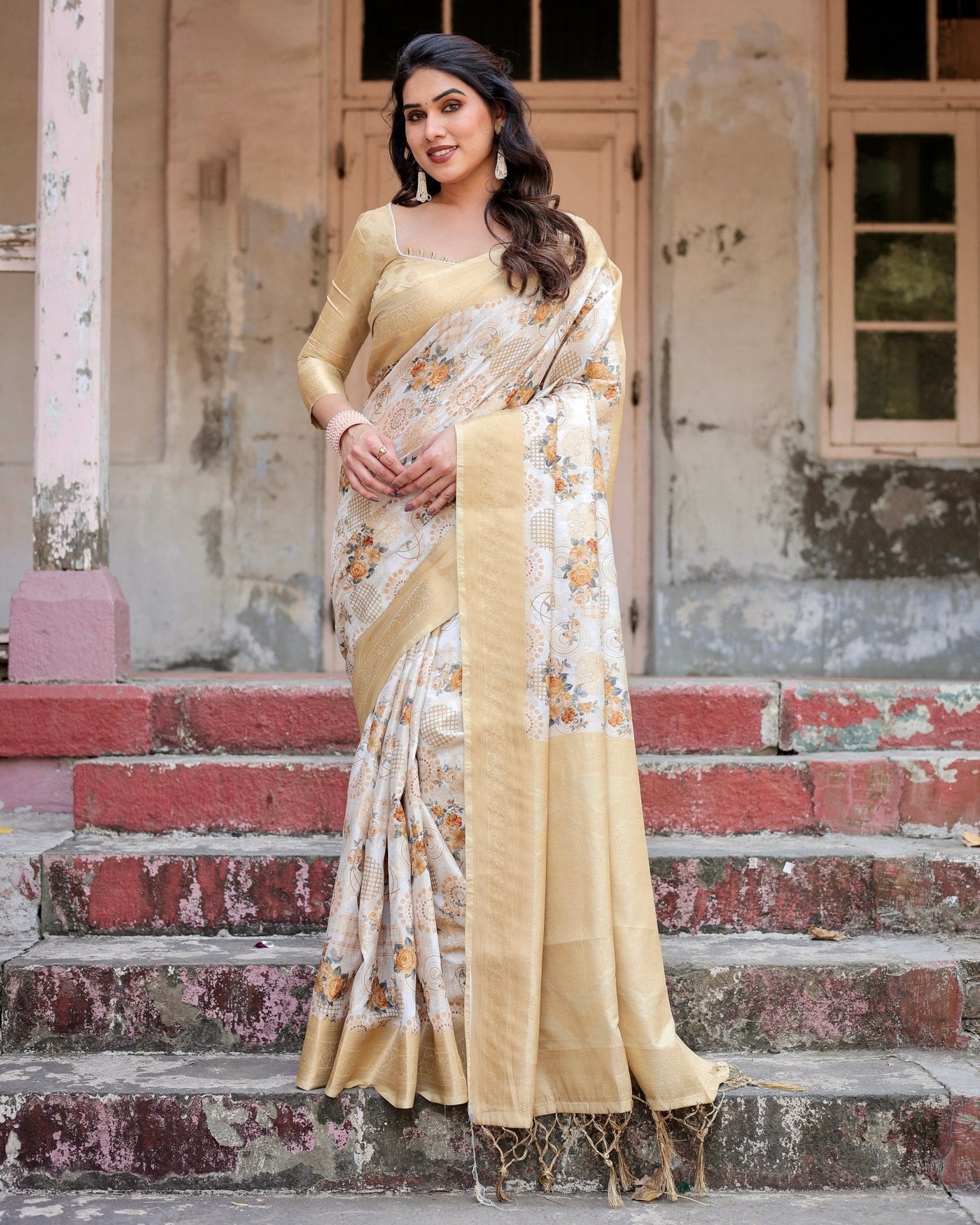 Ivory and Gold Banarasi Silk Saree with Floral Print, Zari Border, and Tassels