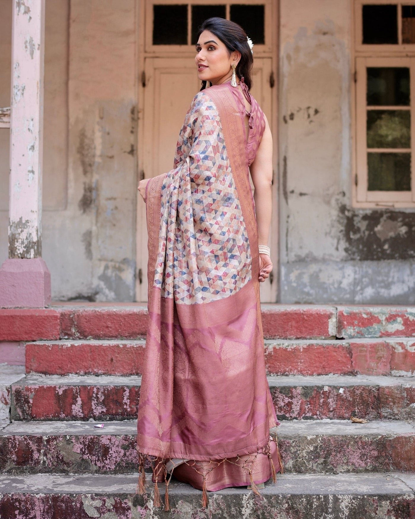 Beige and Pink Geometric Print Banarasi Silk Saree with Zari Weave and Tassel-Embellished Pallu