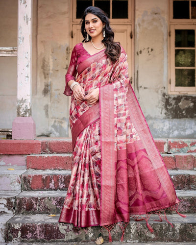 Pink and Maroon Abstract Digital Print Banarasi Silk Saree with Zari Weave and Tassel-Embellished Pallu
