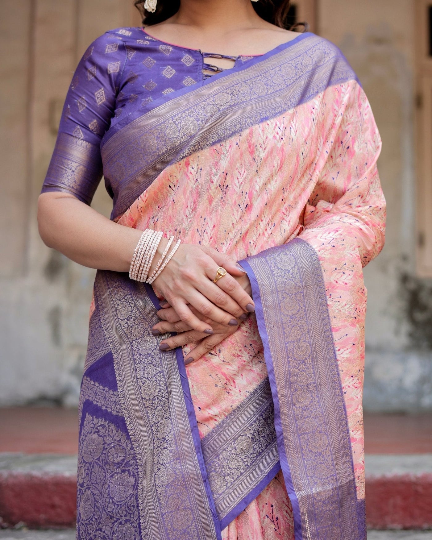 Peach and Purple Floral Digital Print Banarasi Silk Saree with Zari Weave and Tassel-Adorned Pallu