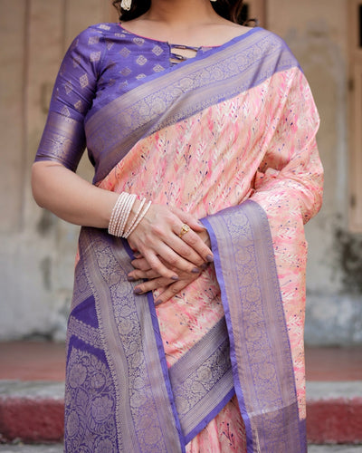 Peach and Purple Floral Digital Print Banarasi Silk Saree with Zari Weave and Tassel-Adorned Pallu