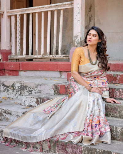 Off-White and Multicolor Mandala Design Banarasi Silk Saree with Zari Weave and Tassel-Adorned Pallu