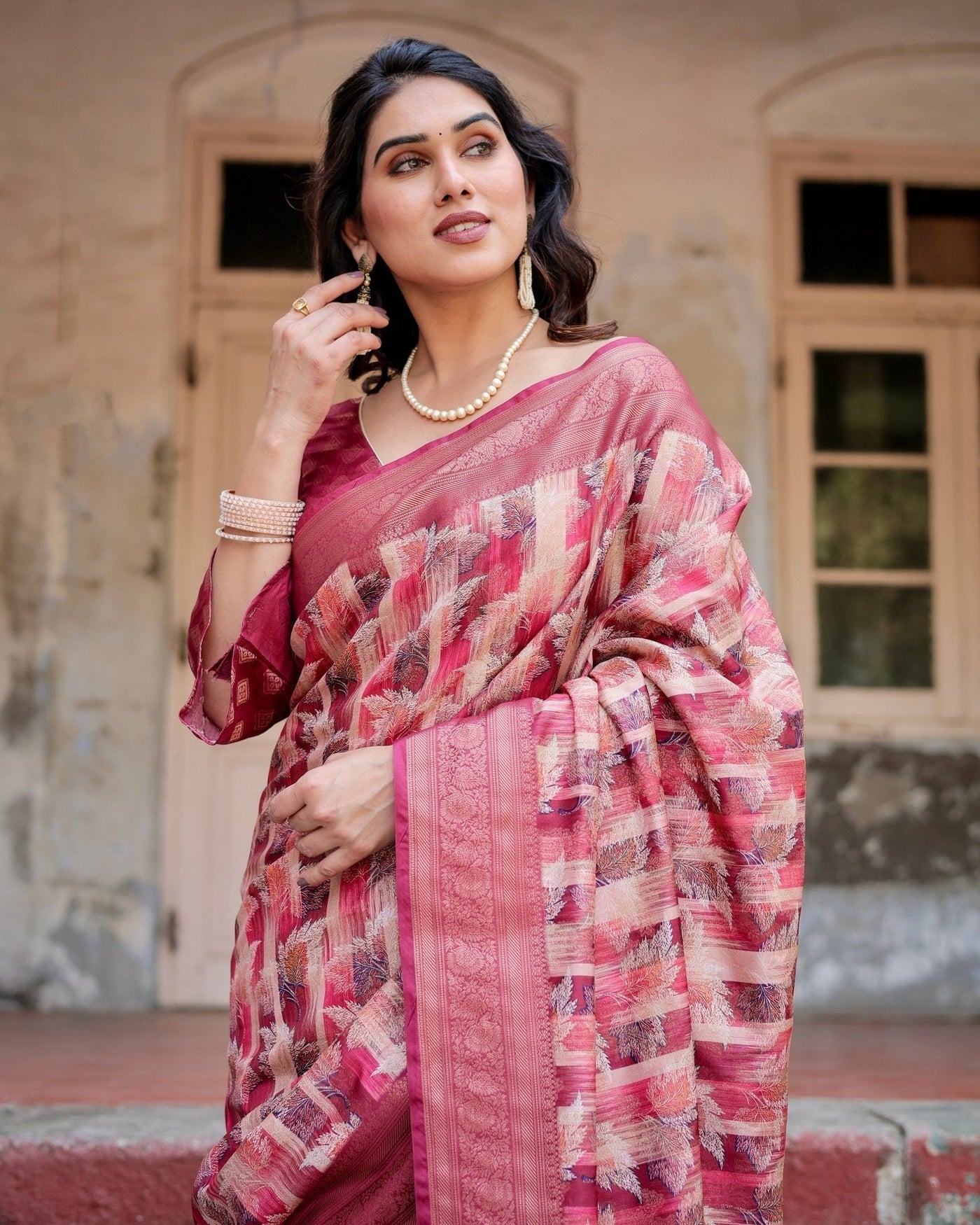 Pink and Maroon Abstract Digital Print Banarasi Silk Saree with Zari Weave and Tassel-Embellished Pallu