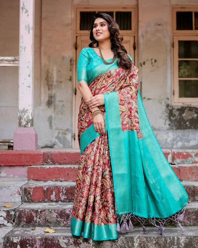 Maroon and Teal Paisley Design Banarasi Silk Saree with Zari Weave and Tassel-Embellished Pallu