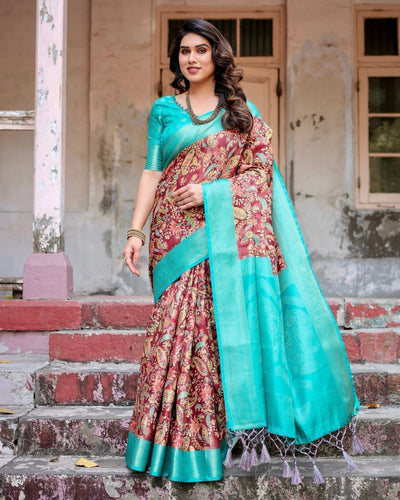 Maroon and Teal Paisley Design Banarasi Silk Saree with Zari Weave and Tassel-Embellished Pallu