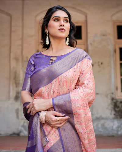 Peach and Purple Floral Digital Print Banarasi Silk Saree with Zari Weave and Tassel-Adorned Pallu
