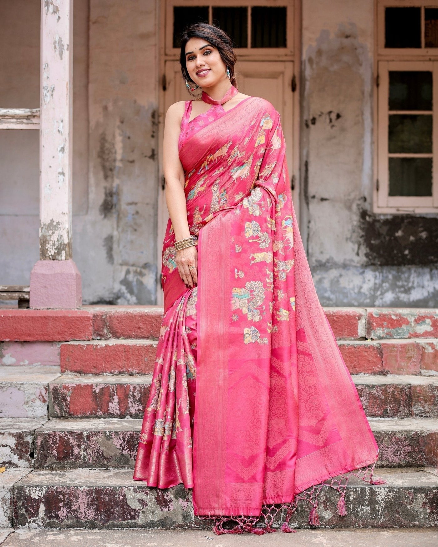 Regal Pink Banarasi Silk Saree with Zari Weave and Intricate Tassels