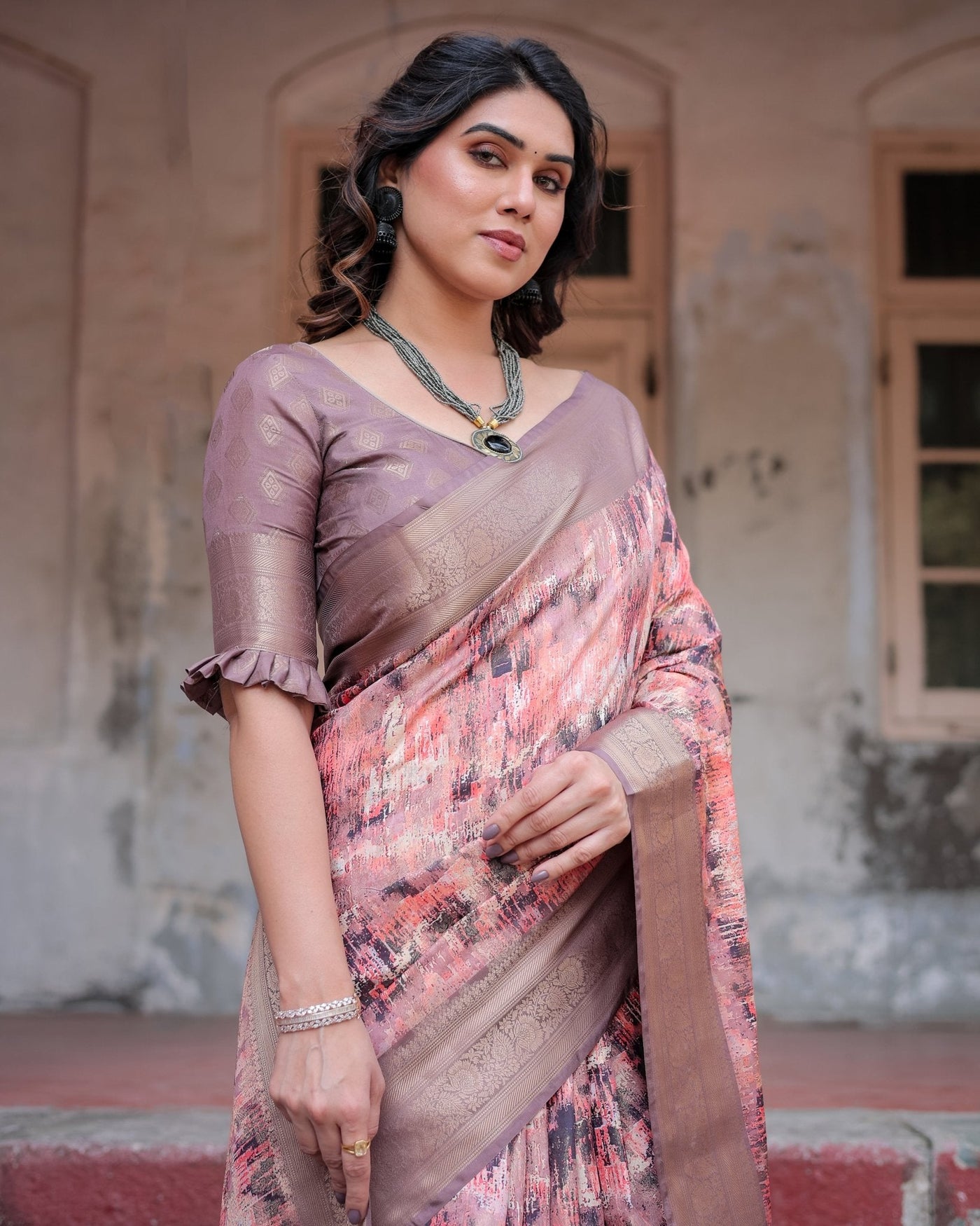 Peach and Brown Abstract Design Banarasi Silk Saree with Zari Weave and Tassel-Embellished Pallu