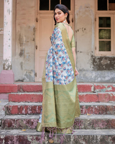 Blue and Green Floral Digital Print Banarasi Silk Saree with Zari Weave and Tassel-Embellished Pallu