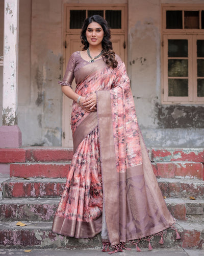 Peach and Brown Abstract Design Banarasi Silk Saree with Zari Weave and Tassel-Embellished Pallu