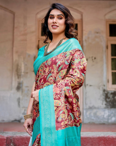 Maroon and Teal Paisley Design Banarasi Silk Saree with Zari Weave and Tassel-Embellished Pallu