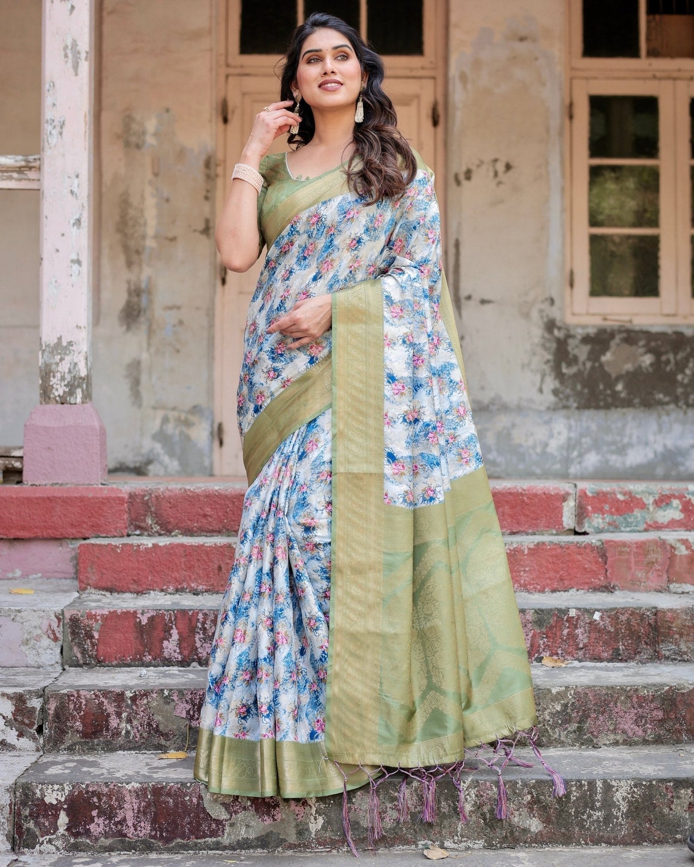 Blue and Green Floral Digital Print Banarasi Silk Saree with Zari Weave and Tassel-Embellished Pallu
