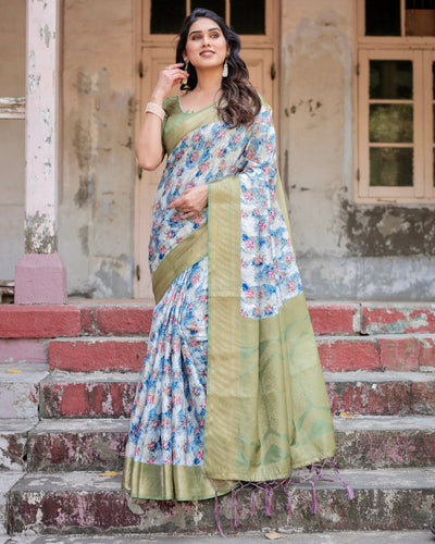 Blue and Green Floral Digital Print Banarasi Silk Saree with Zari Weave and Tassel-Embellished Pallu