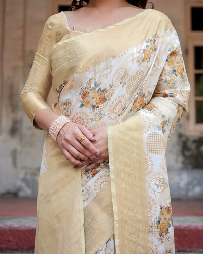 Ivory and Gold Banarasi Silk Saree with Floral Print, Zari Border, and Tassels