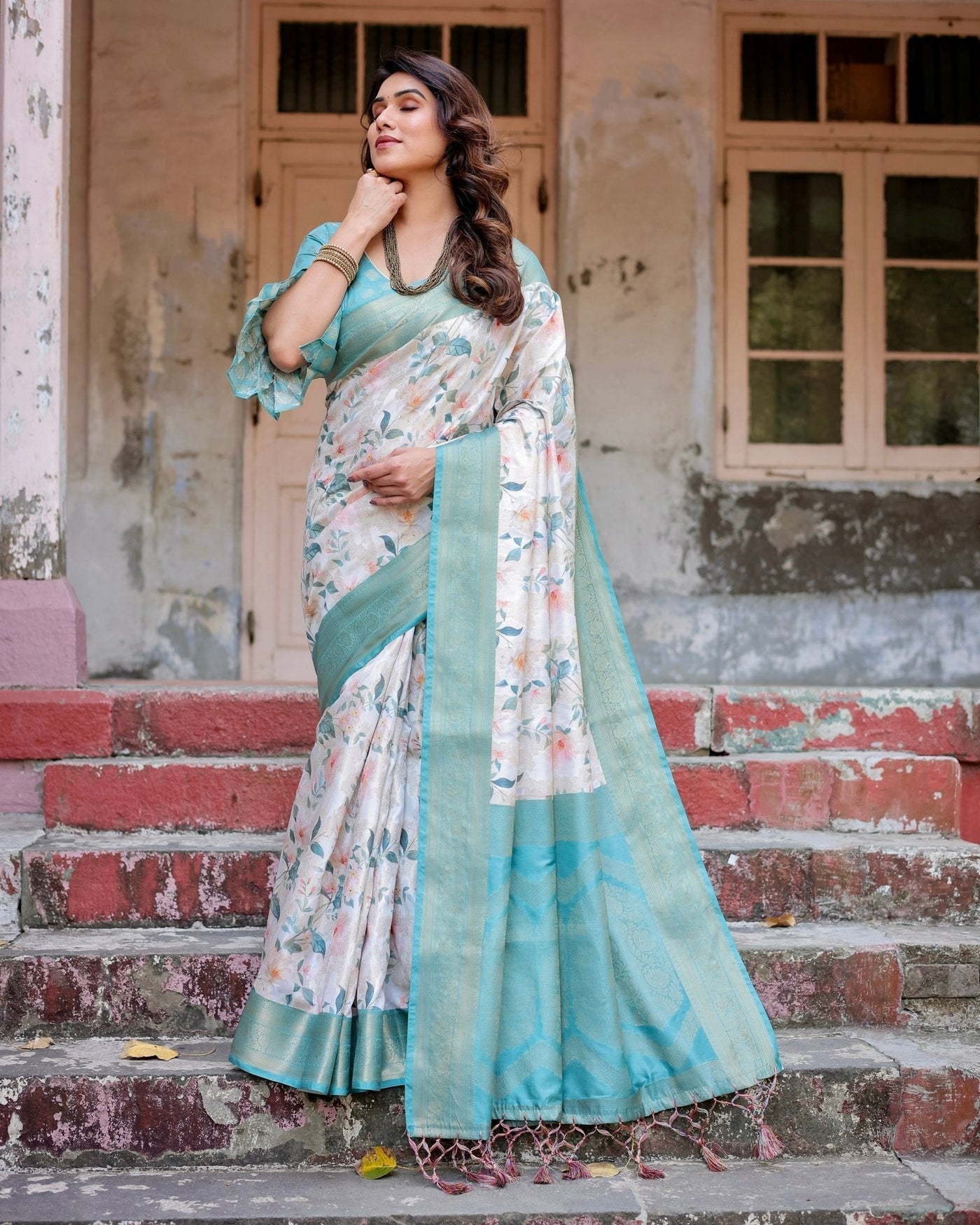 White and Aqua Floral Digital Print Banarasi Silk Saree with Zari Weave and Tassel-Adorned Pallu