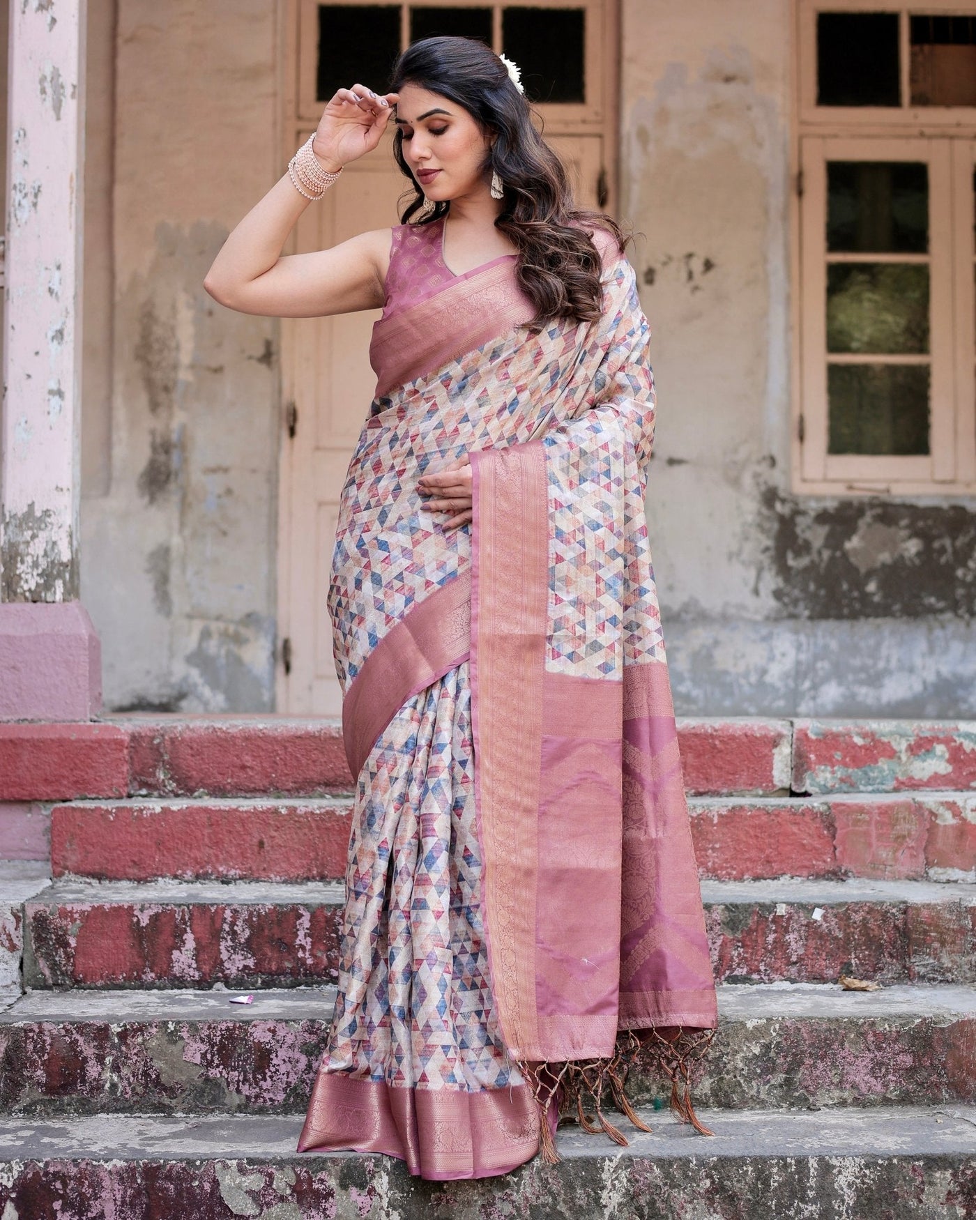Beige and Pink Geometric Print Banarasi Silk Saree with Zari Weave and Tassel-Embellished Pallu