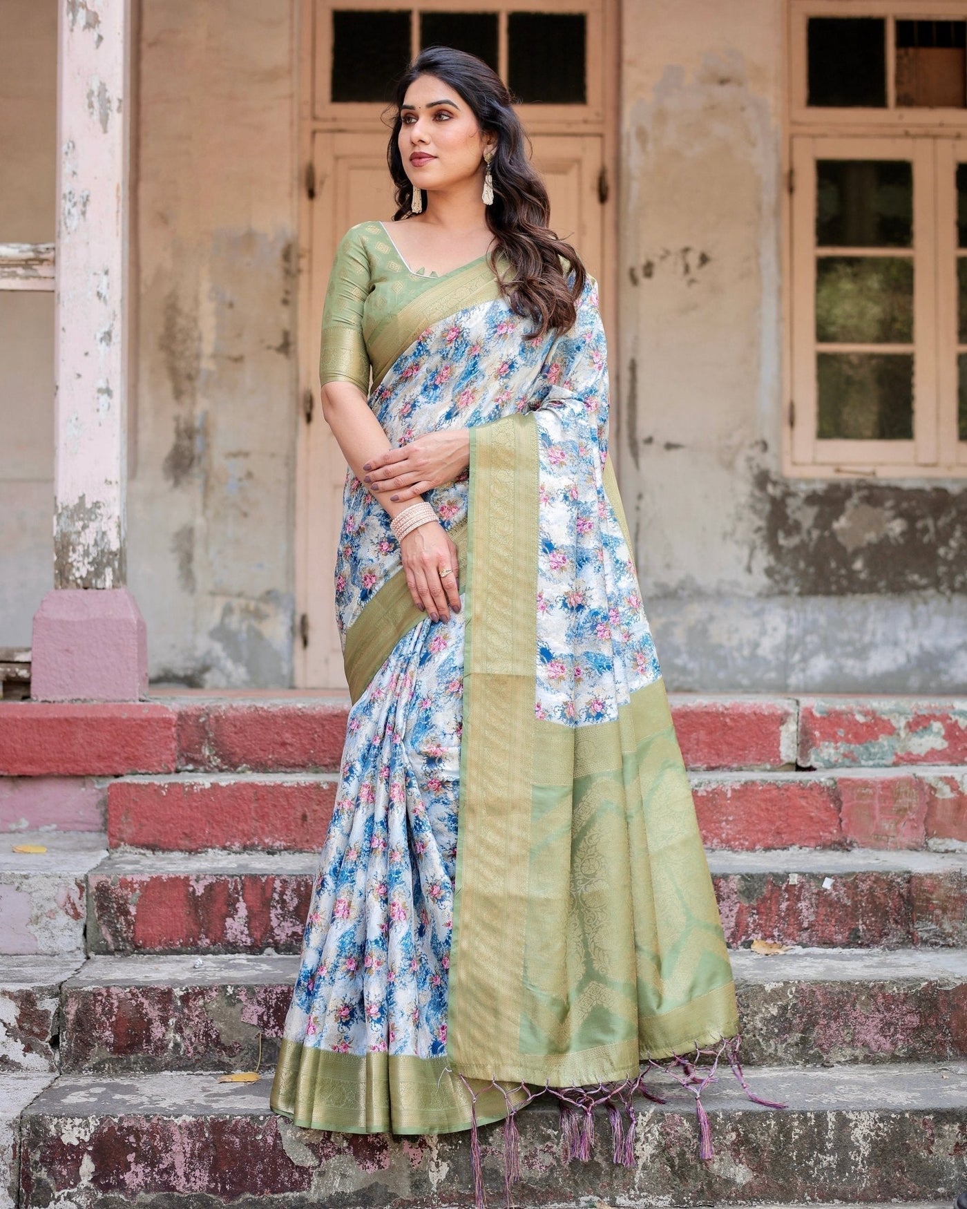 Blue and Green Floral Digital Print Banarasi Silk Saree with Zari Weave and Tassel-Embellished Pallu
