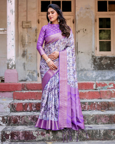 Lavender and White Geometric Floral Digital Print Banarasi Silk Saree with Zari Weave and Tassel-Embellished Pallu