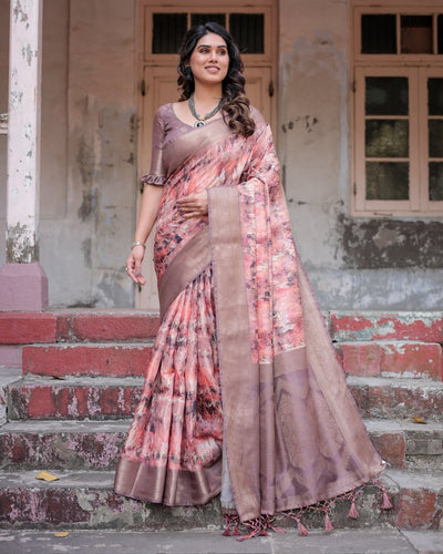 Peach and Brown Abstract Design Banarasi Silk Saree with Zari Weave and Tassel-Embellished Pallu