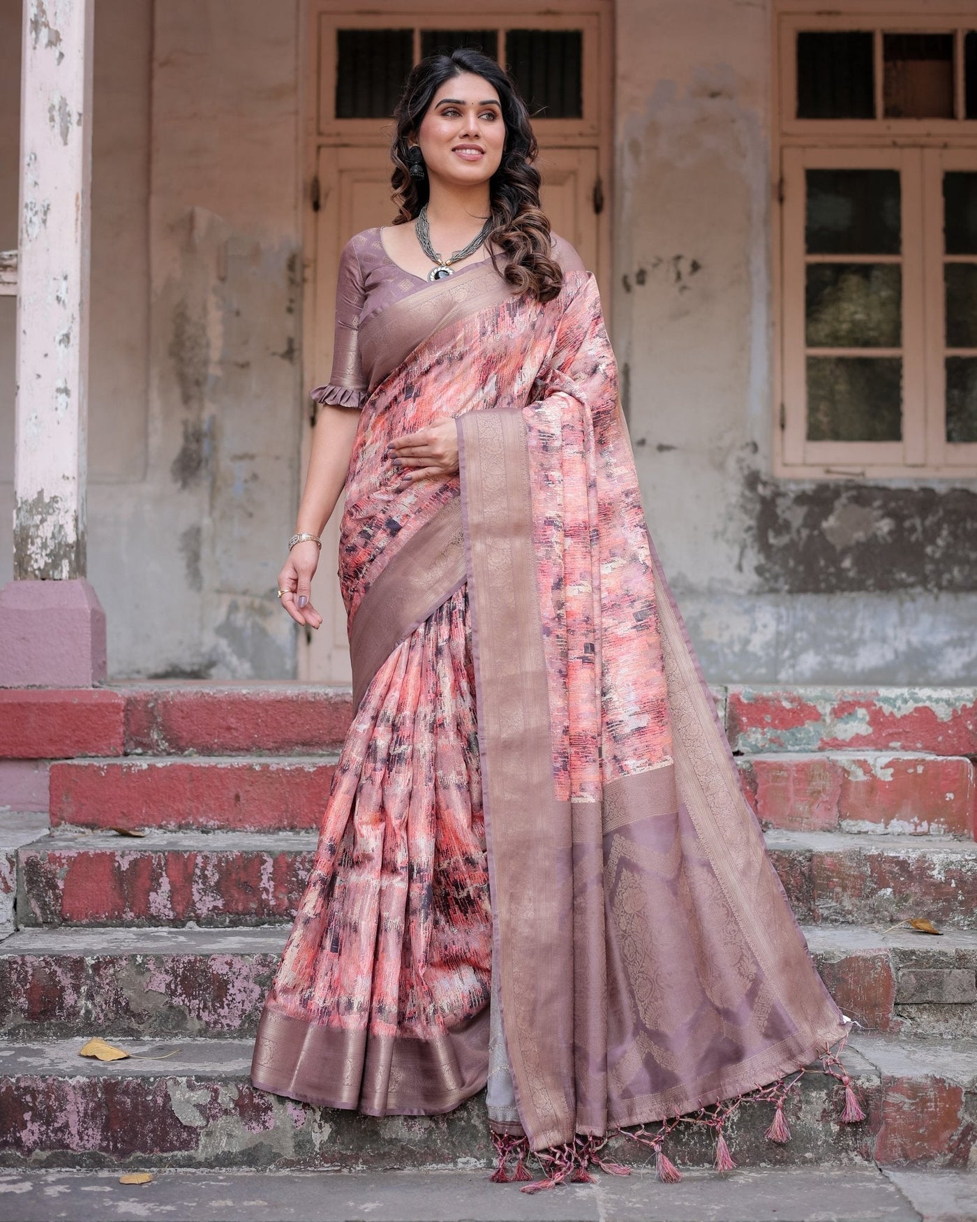 Peach and Brown Abstract Design Banarasi Silk Saree with Zari Weave and Tassel-Embellished Pallu