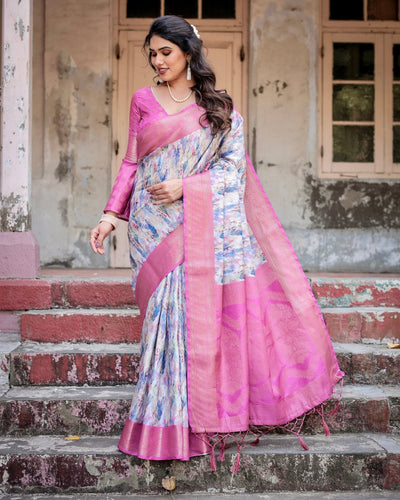 White and Pink Floral Digital Print Banarasi Silk Saree with Zari Weave and Tassel-Embellished Pallu