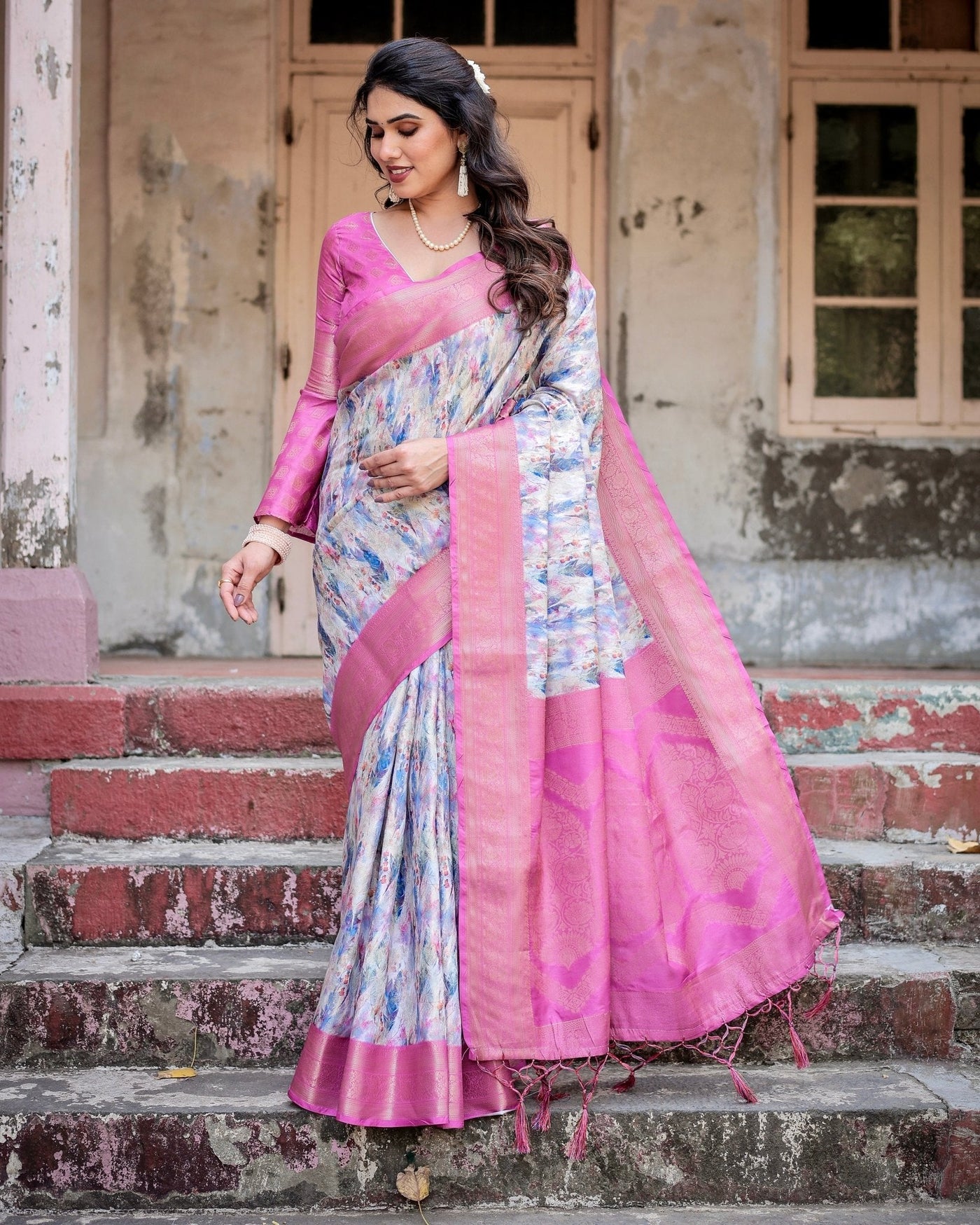 White and Pink Floral Digital Print Banarasi Silk Saree with Zari Weave and Tassel-Embellished Pallu
