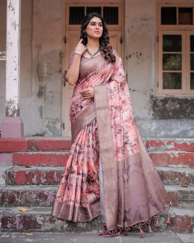Peach and Brown Abstract Design Banarasi Silk Saree with Zari Weave and Tassel-Embellished Pallu