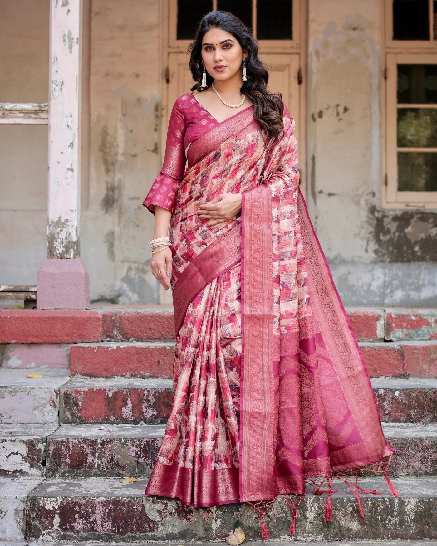 Pink and Maroon Abstract Digital Print Banarasi Silk Saree with Zari Weave and Tassel-Embellished Pallu