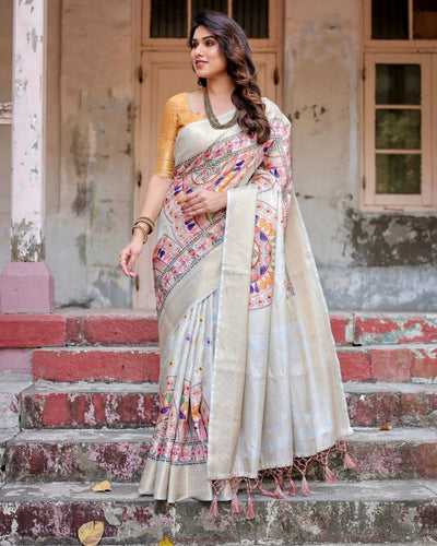 Off-White and Multicolor Mandala Design Banarasi Silk Saree with Zari Weave and Tassel-Adorned Pallu