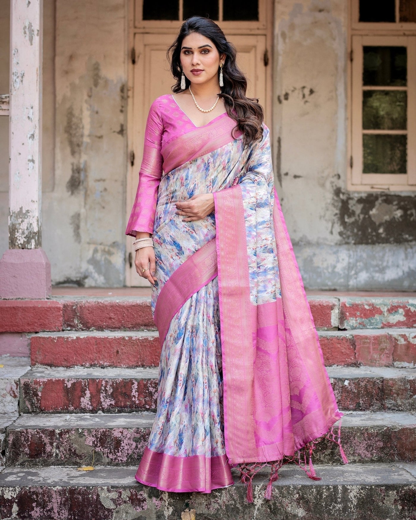 White and Pink Floral Digital Print Banarasi Silk Saree with Zari Weave and Tassel-Embellished Pallu