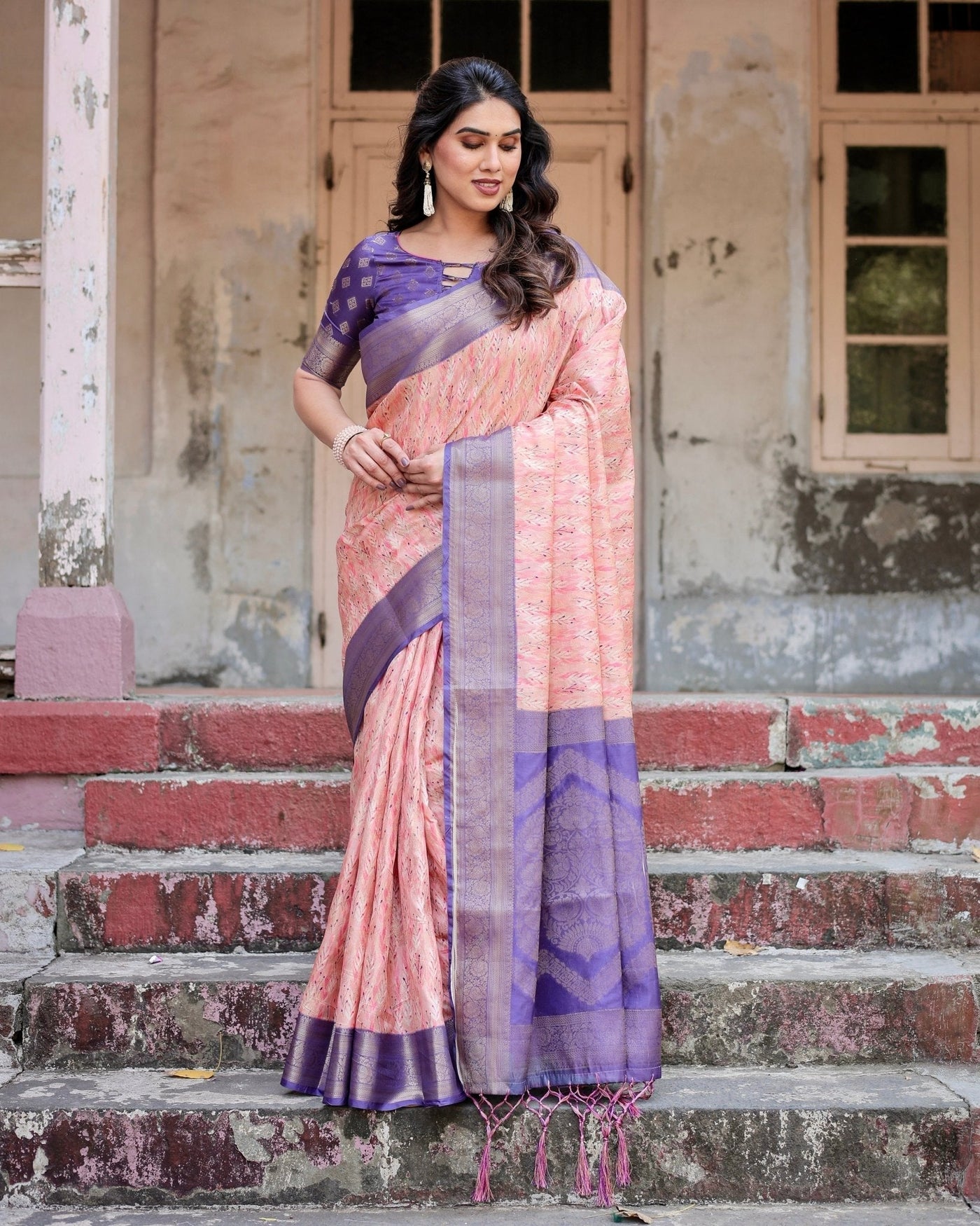 Peach and Purple Floral Digital Print Banarasi Silk Saree with Zari Weave and Tassel-Adorned Pallu