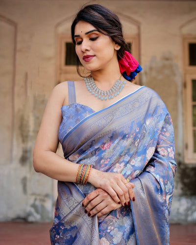 Majestic Blue Banarasi Silk Saree with Delicate Floral Zari Work and Tassel-Embellished Pallu
