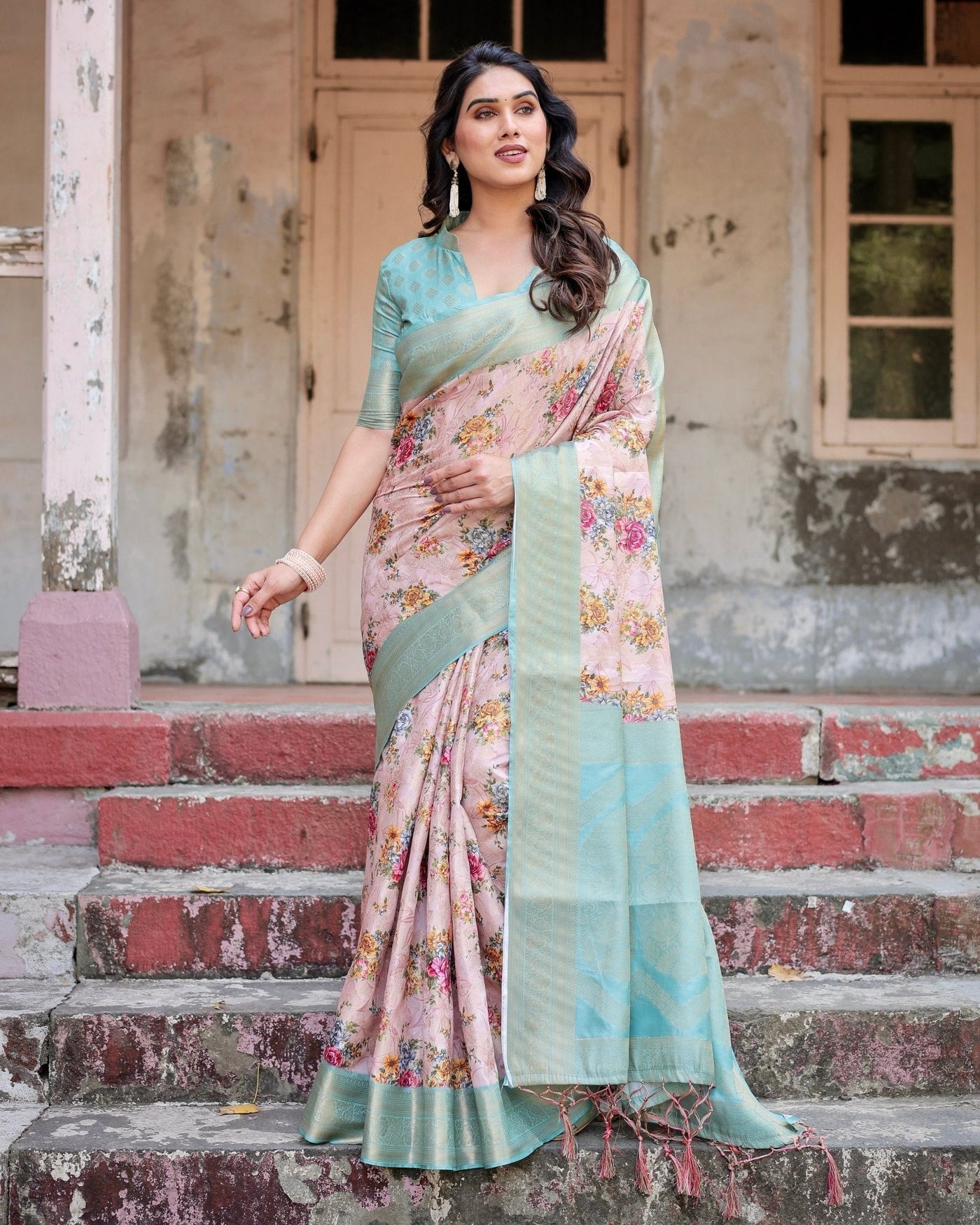 Pink and Green Floral Digital Print Banarasi Silk Saree with Zari Weave and Tassel Pallu