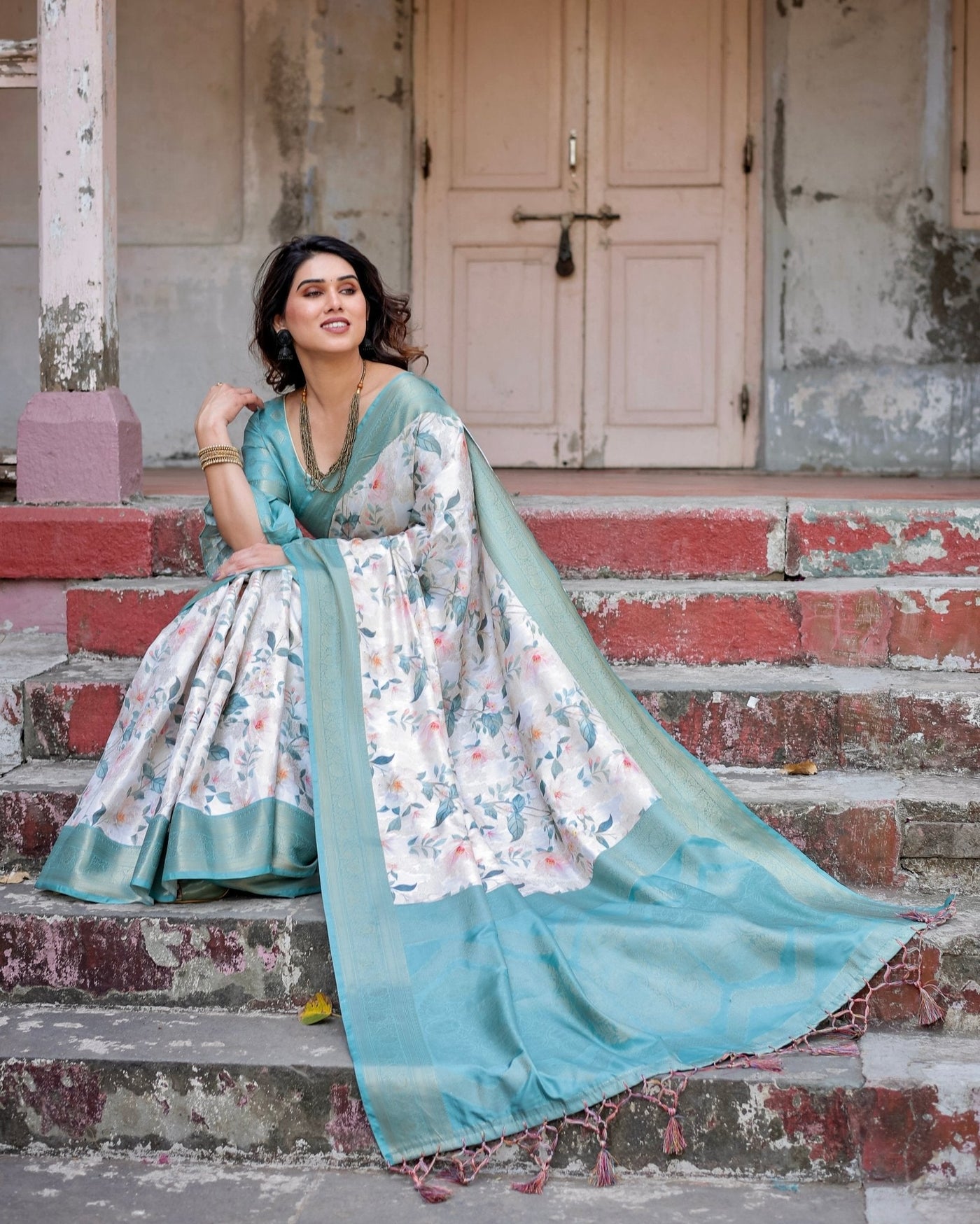 White and Aqua Floral Digital Print Banarasi Silk Saree with Zari Weave and Tassel-Adorned Pallu