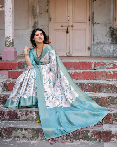 White and Aqua Floral Digital Print Banarasi Silk Saree with Zari Weave and Tassel-Adorned Pallu