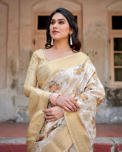 Ivory and Gold Banarasi Silk Saree with Floral Print, Zari Border, and Tassels