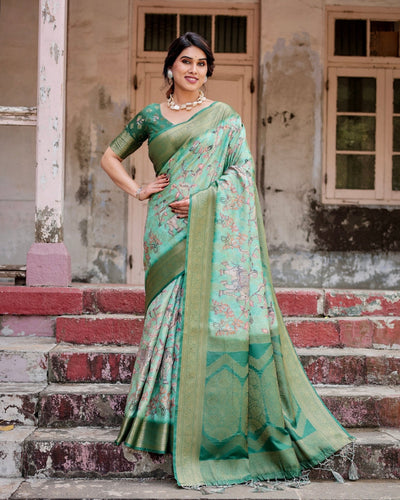 Graceful Green Banarasi Silk Saree with Intricate Floral and Elephant Weaves