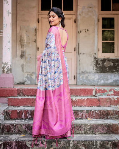 White and Pink Floral Digital Print Banarasi Silk Saree with Zari Weave and Tassel-Embellished Pallu