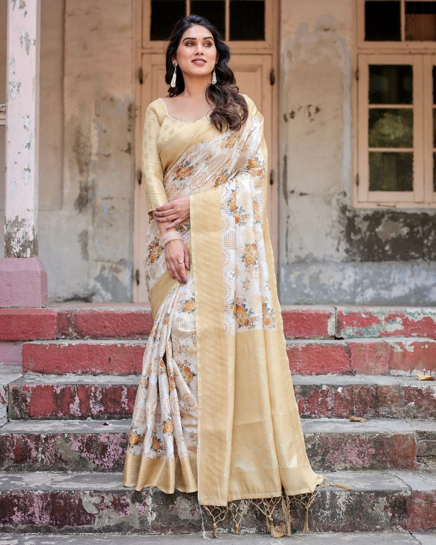 Ivory and Gold Banarasi Silk Saree with Floral Print, Zari Border, and Tassels